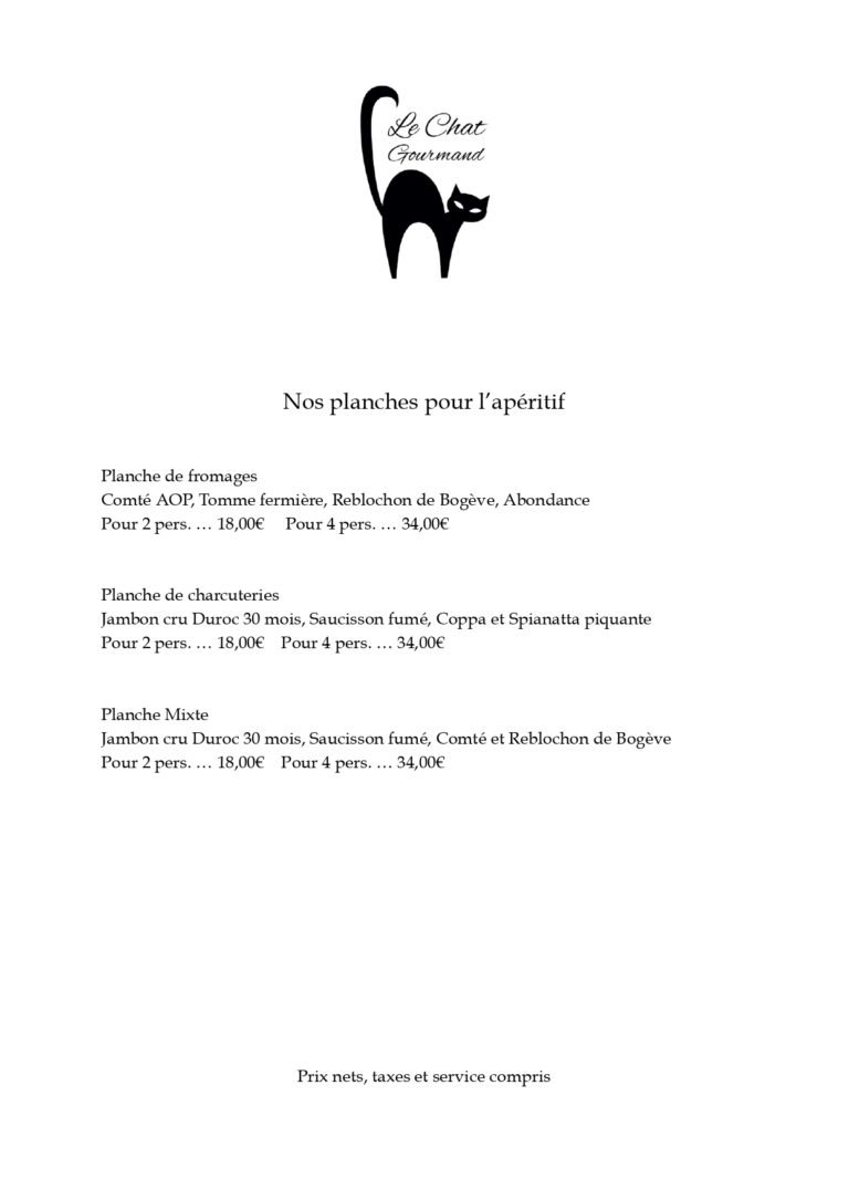 carte du restaurant le chat gourmand beunaz