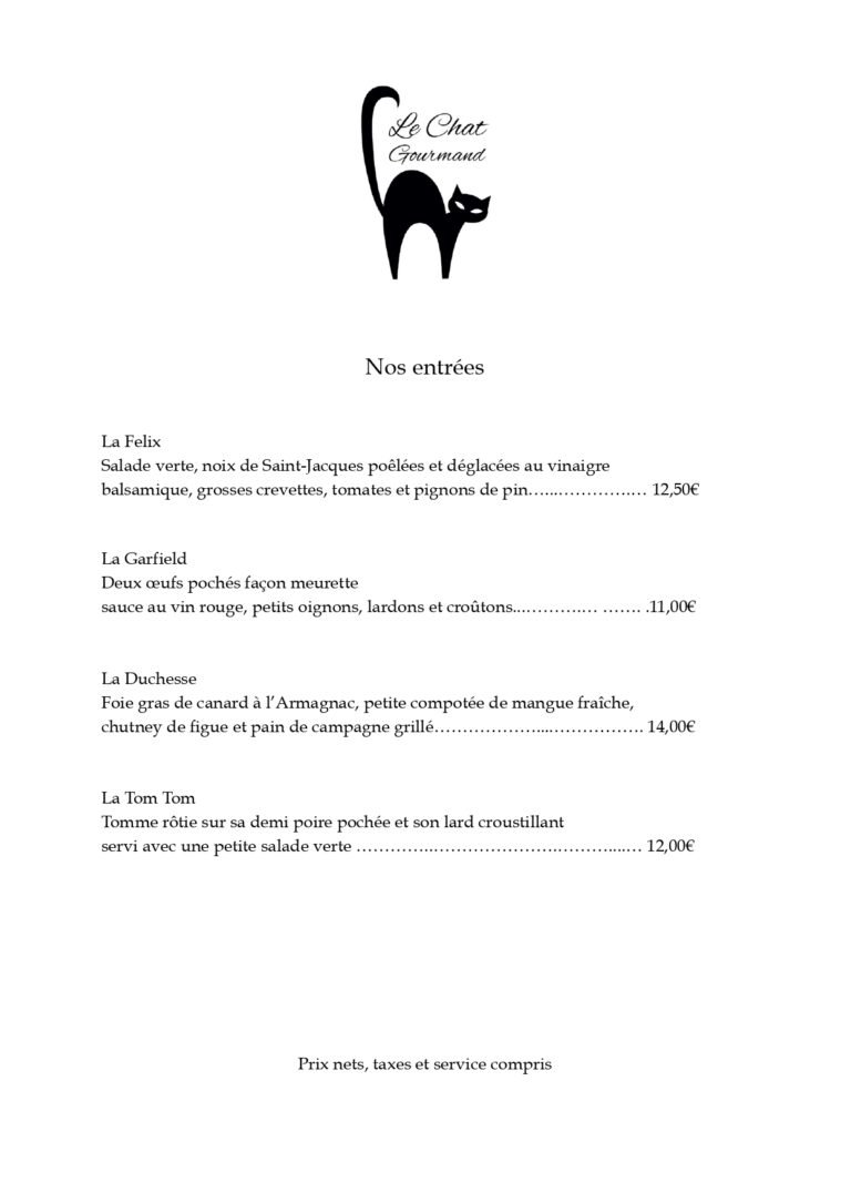 carte du restaurant le chat gourmand beunaz