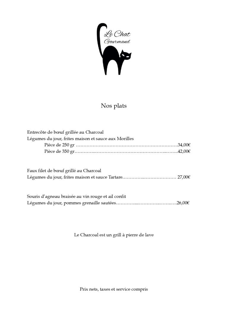 carte du restaurant le chat gourmand beunaz