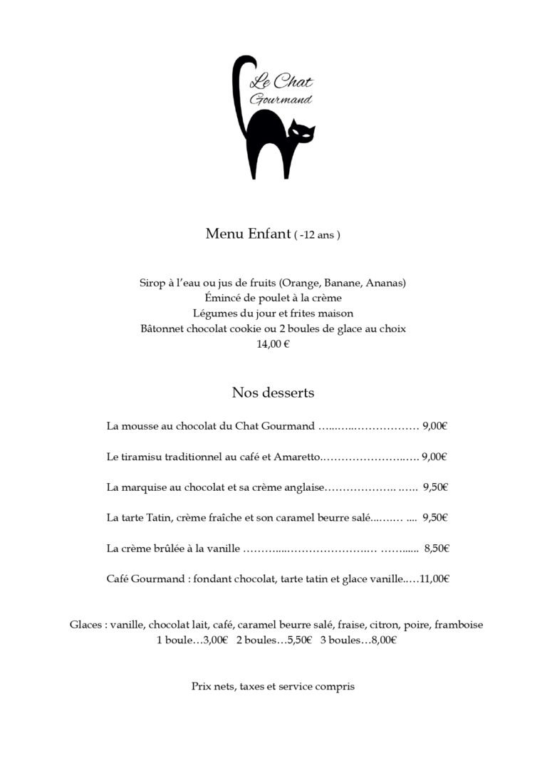 carte du restaurant le chat gourmand beunaz