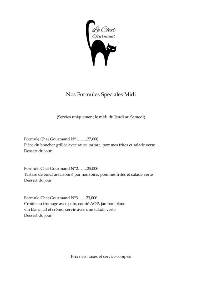 carte du restaurant le chat gourmand beunaz