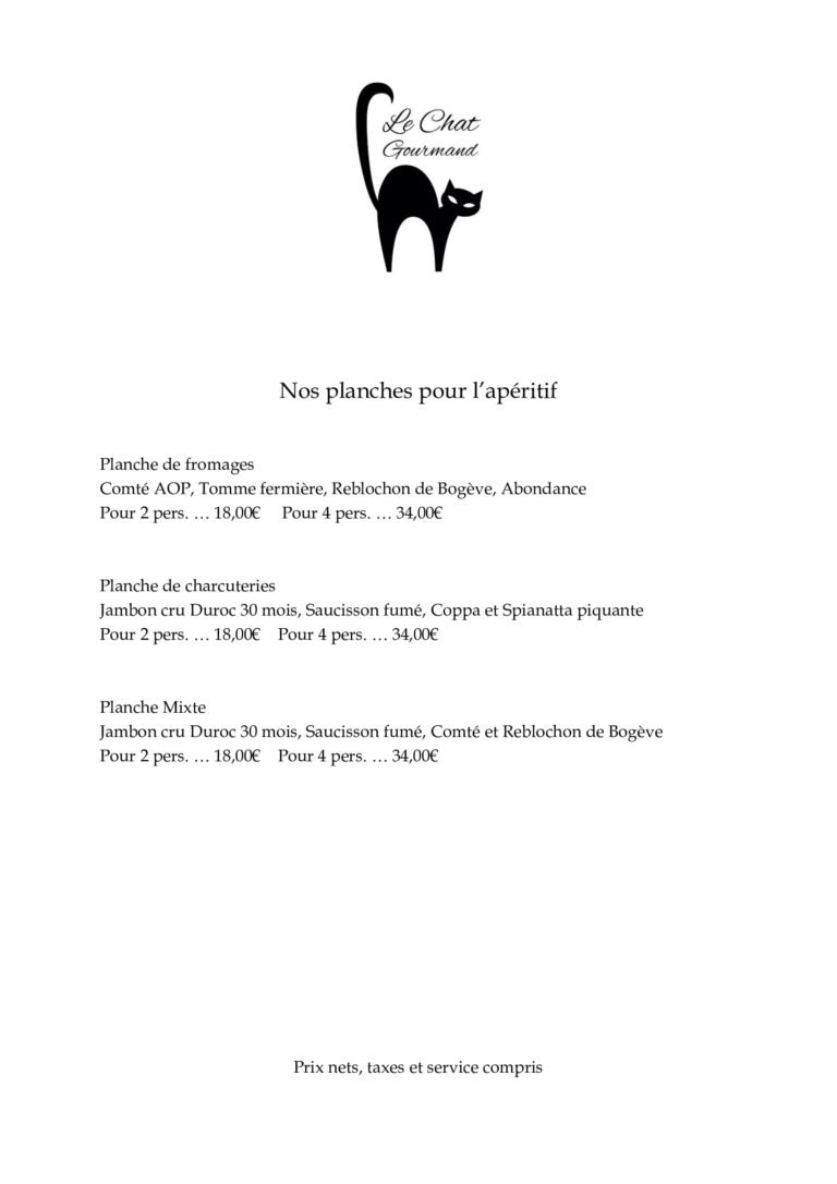 carte du restaurant le chat gourmand beunaz