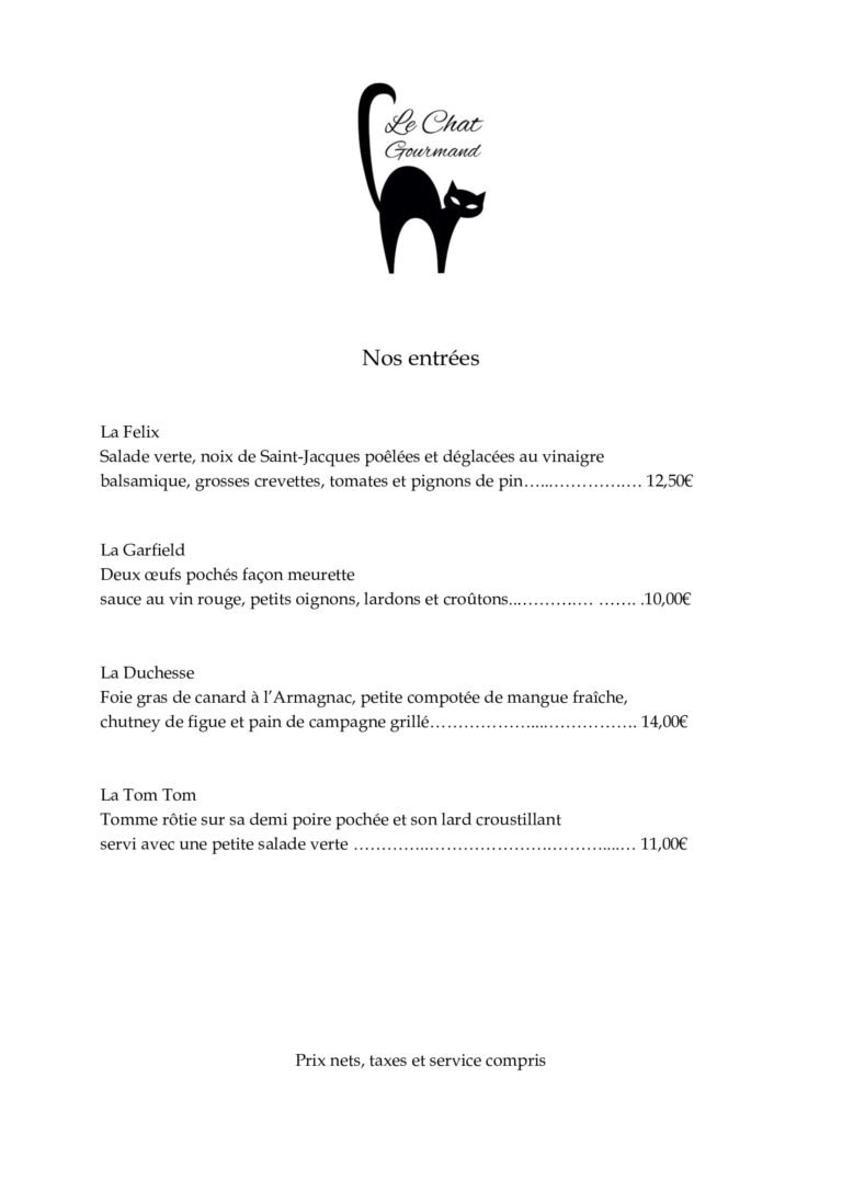 carte du restaurant le chat gourmand beunaz