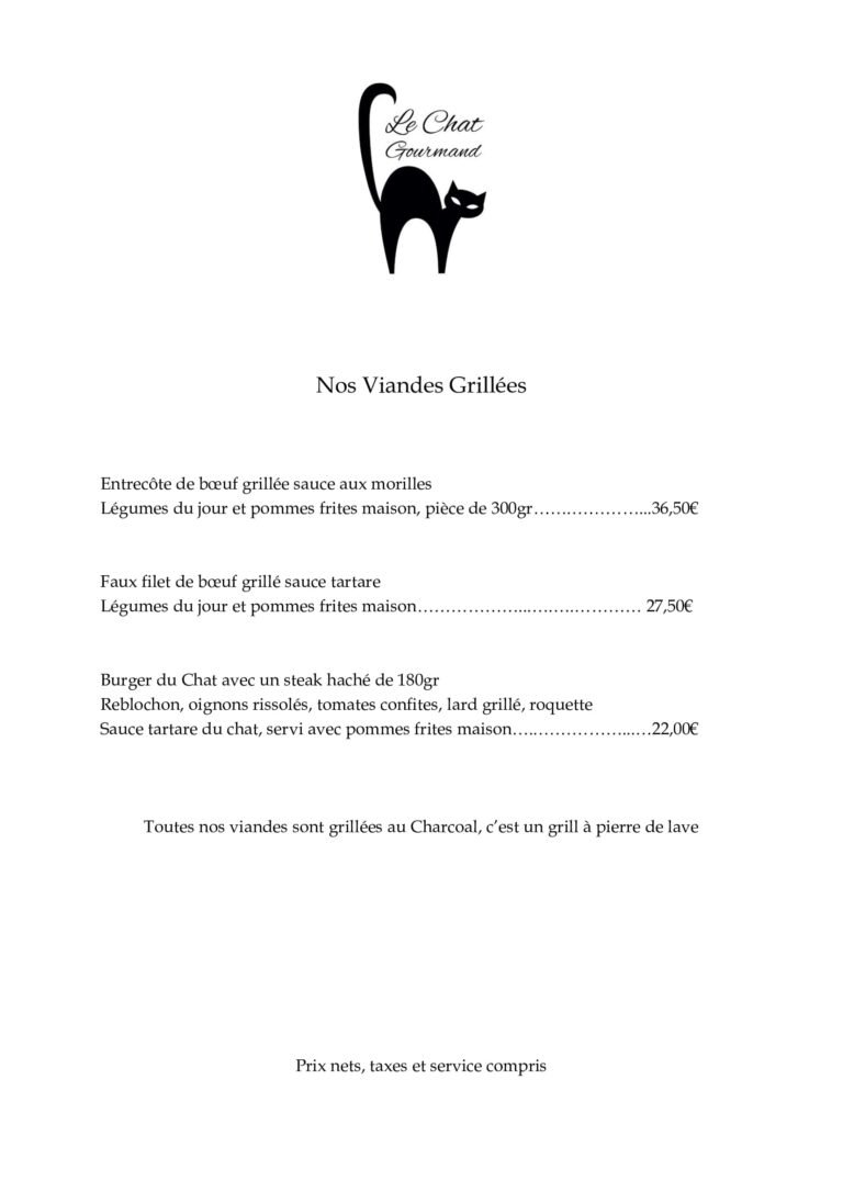carte du restaurant le chat gourmand beunaz