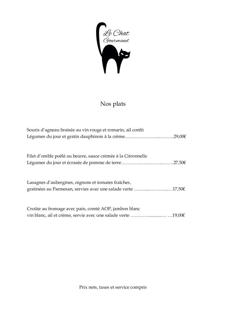 carte du restaurant le chat gourmand beunaz
