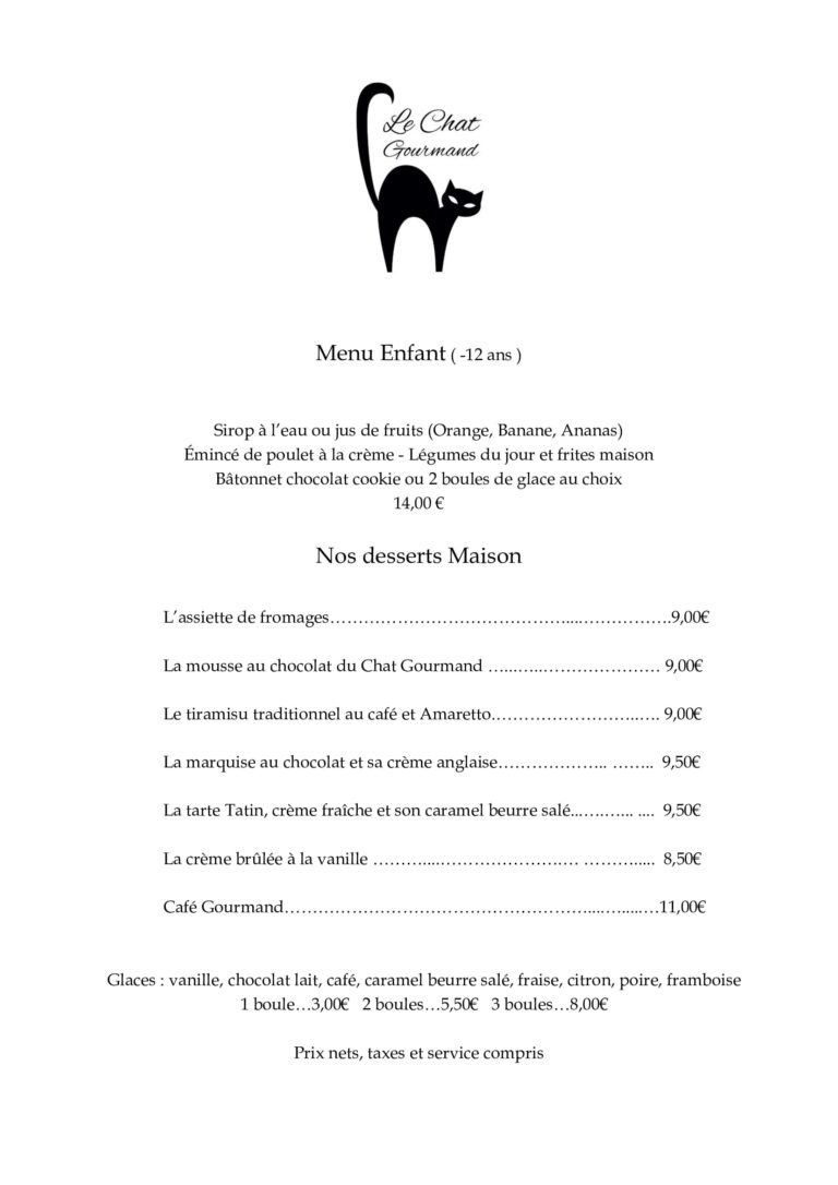 carte du restaurant le chat gourmand beunaz