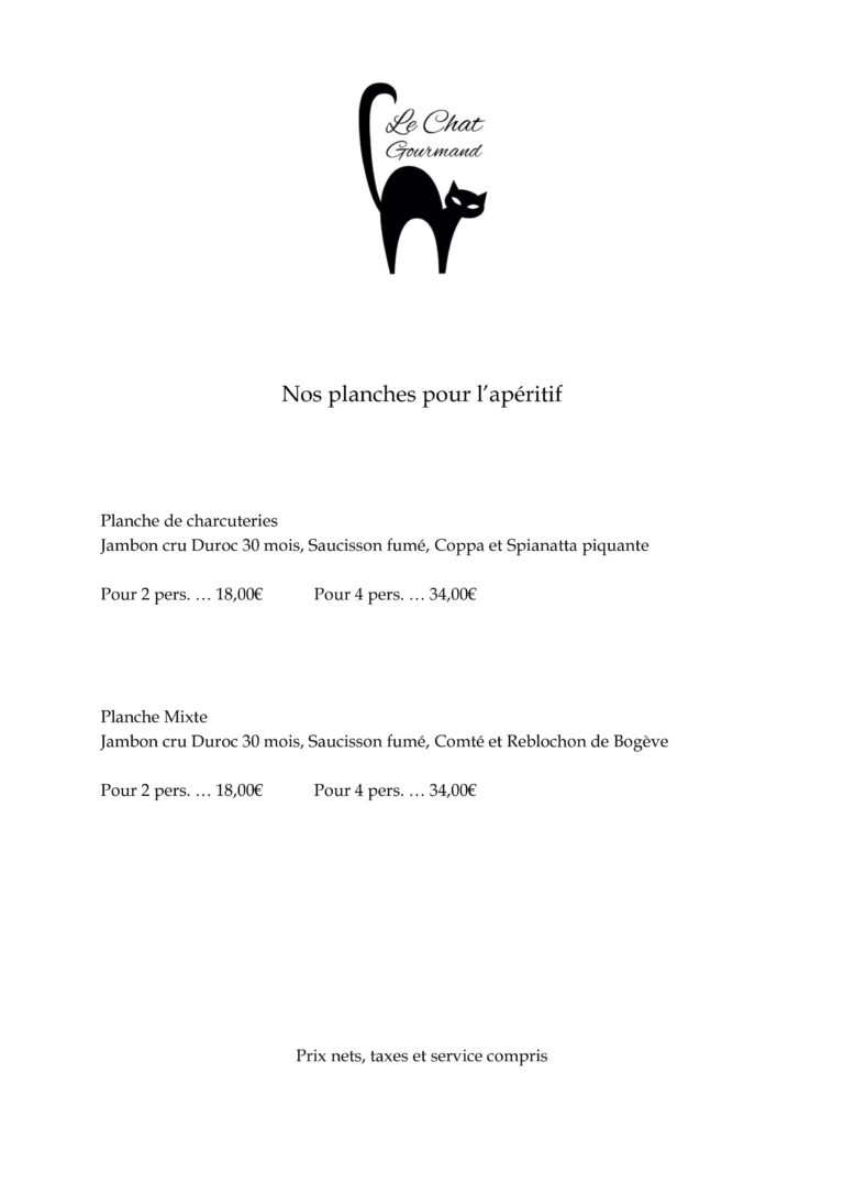 carte du restaurant le chat gourmand beunaz