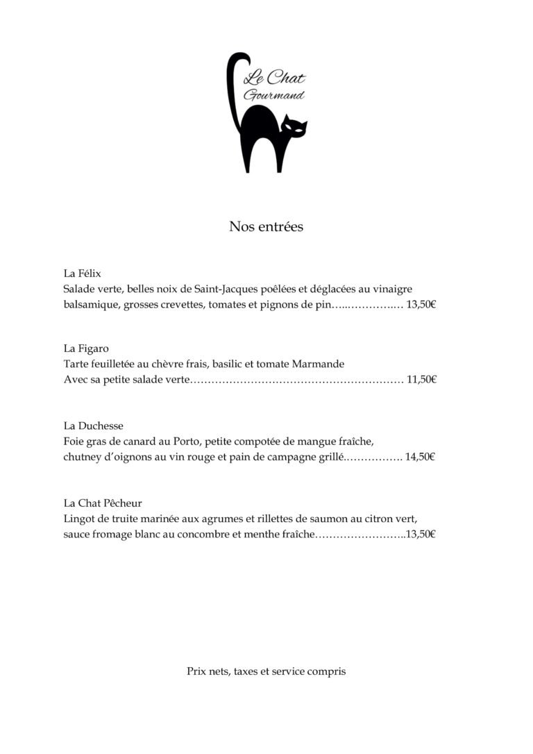 carte du restaurant le chat gourmand beunaz