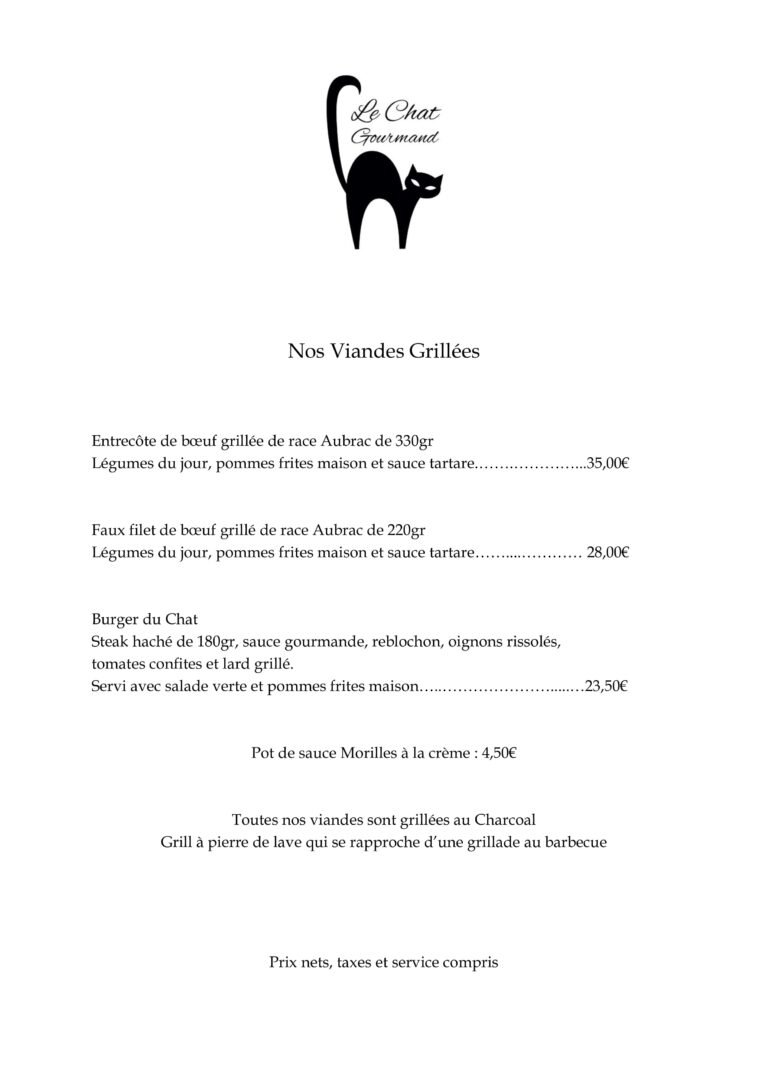 carte du restaurant le chat gourmand beunaz