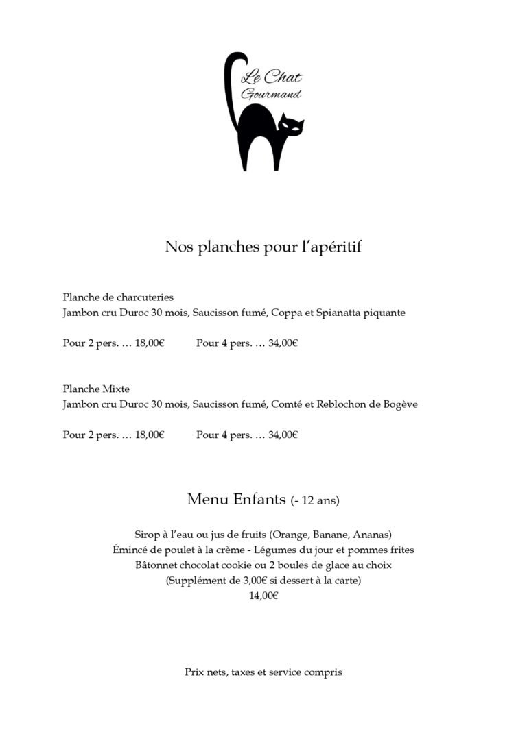 carte du restaurant le chat gourmand beunaz
