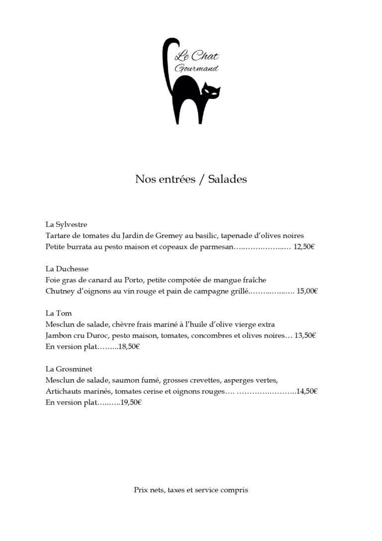 carte du restaurant le chat gourmand beunaz