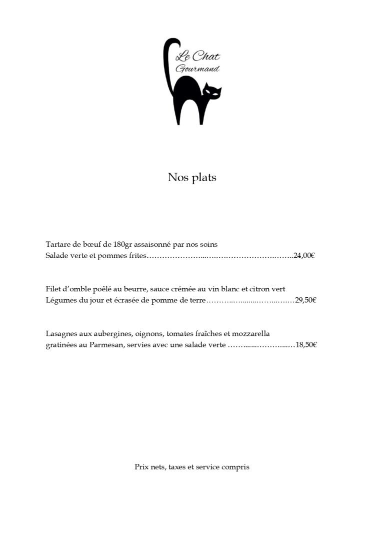 carte du restaurant le chat gourmand beunaz
