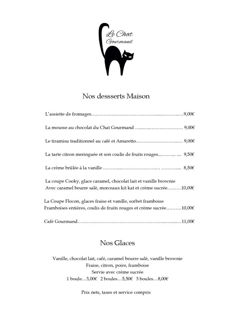 carte du restaurant le chat gourmand beunaz