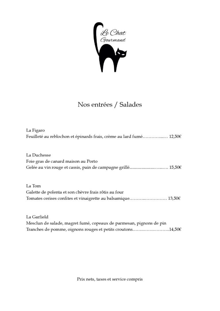carte du restaurant le chat gourmand beunaz