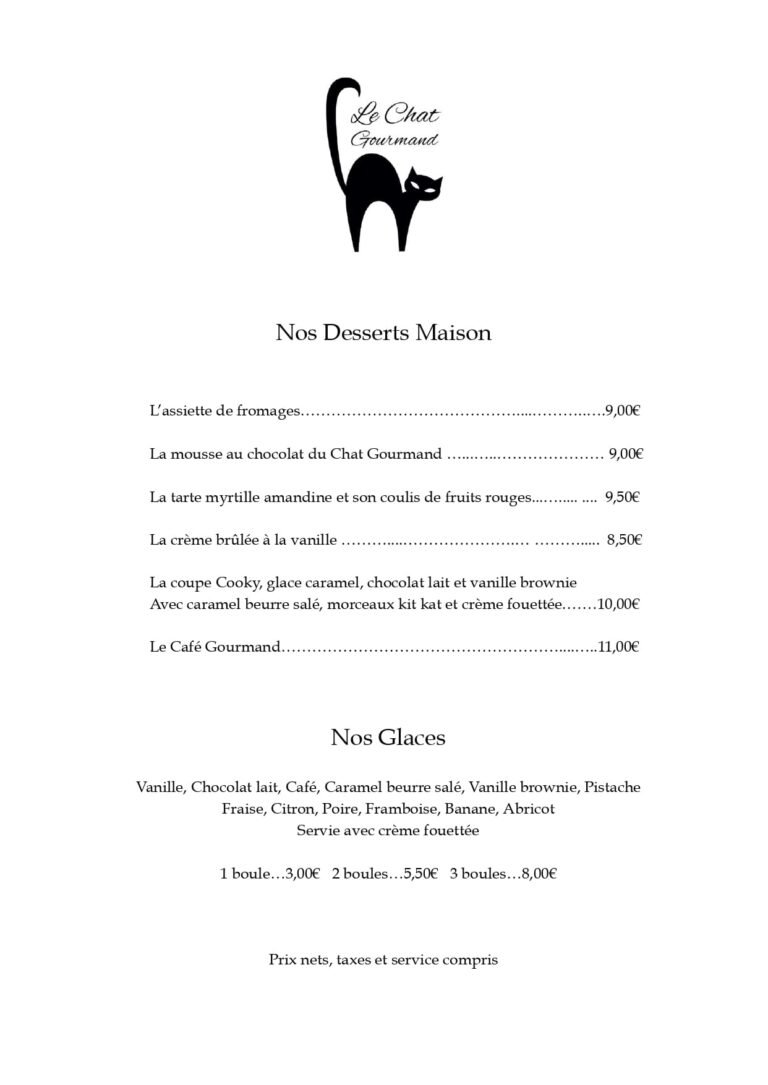 carte du restaurant le chat gourmand beunaz